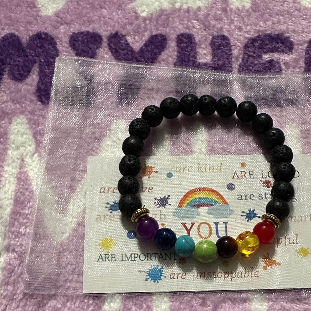 Colorful Chakra Lava Bead Stretch Bracelet with Positive Affirmation Card